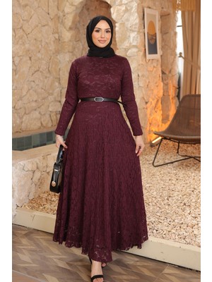 İmaj Butik Mürdüm Bel Kemerli Dantelli Tül Elbise