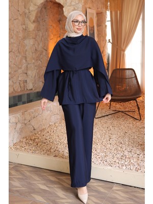 İmaj Butik Lacivert Şal Detaylı Tunik Pantolonlu Takım
