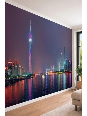 Dreamwall Modern Şehir Silueti ve Işıltılı Asma Köprü Temalı Panoramik Tekstil Duvar Kağıdı