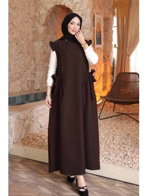İmaj Butik Kahverengi Bel Kuşaklı Kolları Fırfırlı Elbise