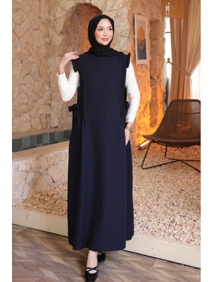 İmaj Butik Lacivert Bel Kuşaklı Kolları Fırfırlı Elbise
