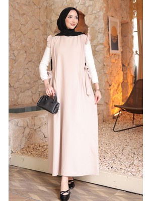 İmaj Butik Bej Bel Kuşaklı Kolları Fırfırlı Elbise