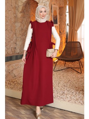 İmaj Butik Bordo Bel Kuşaklı Kolları Fırfırlı Elbise