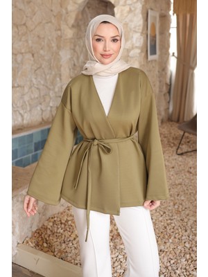 İmaj Butik Haki Kuşaklı Scuba Kimono Ceket