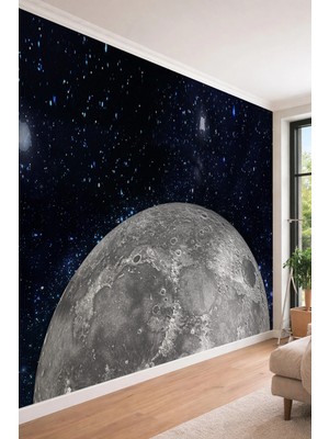 Dreamwall Ay Yüzeyi ve Yıldızlı Uzay Temalı 3D Derinlik Etkili Modern Tek Parça Tekstil Duvar Kağıdı