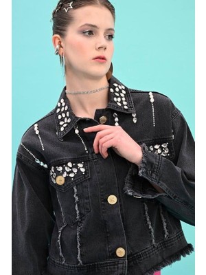 Veto 2645 Taşlı Jean Ceket Siyah