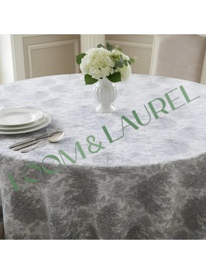 LOOM & LAUREL Yüksek Kaliteli Desenli Jakarlı Dokuma Kumaş Yuvarlak 160 x 160 Masa Örtüsü Gri Ağırlıklı
