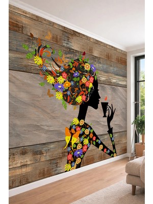 Dreamwall Eskitme Ahşap Panel Görünümlü Çiçekli Kadın Silüeti Tasarımlı Tekstil Duvar Kağıdı