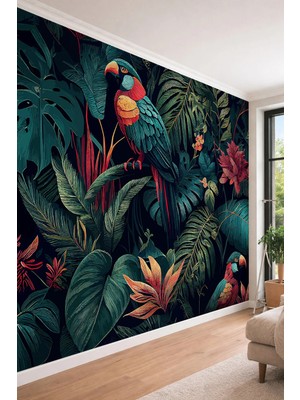 Dreamwall Tropikal Orman- Papağan ve Egzotik Yaprak Desenli Modern Tek Parça Tekstil Duvar Kağıdı