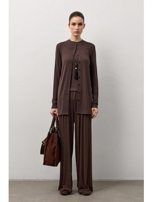 Molene Kahverengi Dökümlü Hakim Yaka Uzun Kollu Gömlek