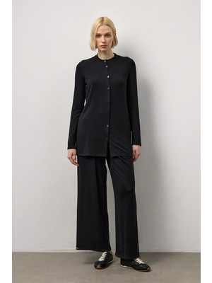 Molene Siyah Dökümlü Hakim Yaka Uzun Kollu Gömlek