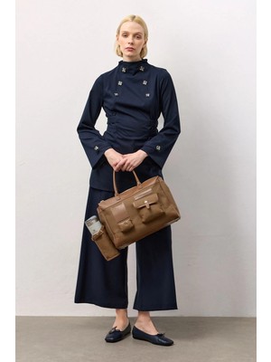 Molene Lacivert Belden Bağlamalı Kruvaze Düğmeli Gömlek