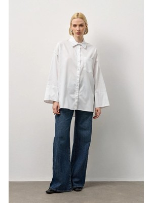 Molene Beyaz Pamuk Saten Oversize Gömlek