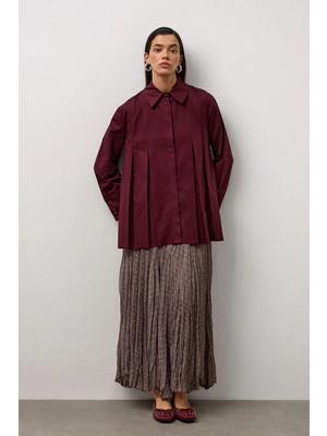 Molene Bordo Geniş Manşetli Pileli A Form Gömlek