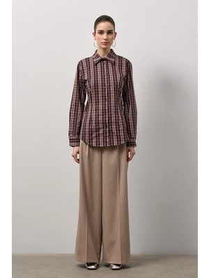 Molene Bordo Belden Oturmalı Ekose Gömlek