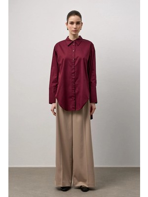 Molene Bordo Pamuklu Arkası Pile Detaylı Regular Fit Gömlek