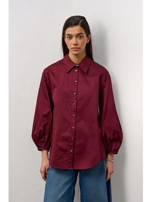 Molene Bordo Pamuklu Balon Kol Detaylı Relaxed Fit Gömlek