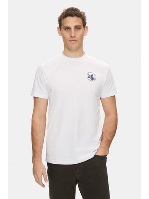 Ucla TELMO Beyaz Bisiklet Yaka Baskılı %100 Pamuk Standard Fit Erkek Tshirt