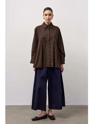 Molene Kahverengi Geniş Manşetli Pileli A Form Gömlek