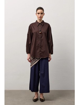 Molene Kahverengi Pamuklu Balon Kol Detaylı Relaxed Fit Gömlek