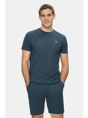 Ucla Taylor Lacivert Bisiklet Yaka Krinkıl Hafif Kumaş Metal Logolu Standard Fit Erkek Tshirt