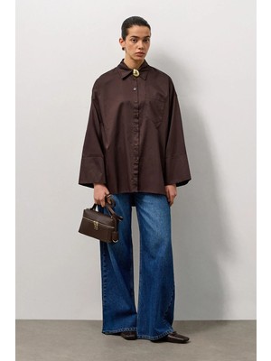 Molene Kahverengi Pamuk Saten Oversize Gömlek