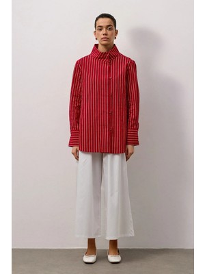 Molene Kırmızı Çizgili Dik Yaka Gömlek