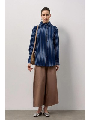 Molene Lacivert Çizgili Dik Yaka Gömlek