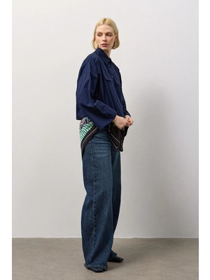 Molene Lacivert Geniş Kol Mini Gömlek