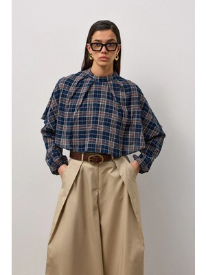 Molene Lacivert Ekose Pelerinli Yarım Balıkçı Gömlek