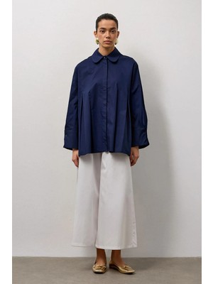 Molene Lacivert Geniş Manşetli Pileli A Form Gömlek