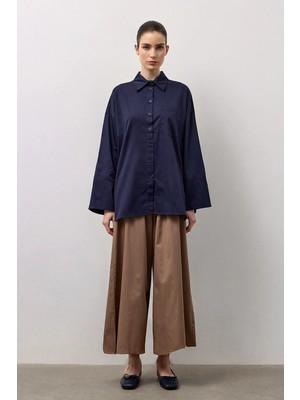 Molene Lacivert Pamuk Saten Oversize Gömlek