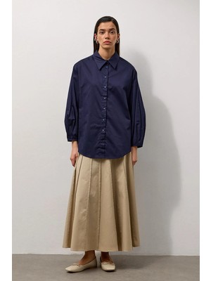 Molene Lacivert Pamuklu Balon Kol Detaylı Relaxed Fit Gömlek