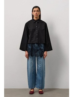 Molene Siyah Geniş Kol Mini Gömlek