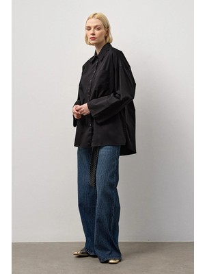 Molene Siyah Pamuk Saten Oversize Gömlek