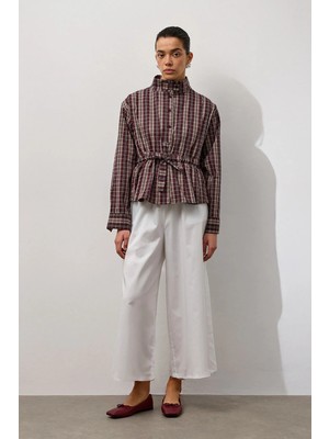 Molene Bordo Belden Bağlamalı Çizgili Hakim Yaka Gömlek