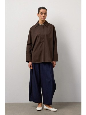 Molene Kahverengi Gizli Patlı Geniş Manşetli Gömlek