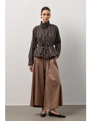 Molene Kahverengi Belden Bağlamalı Çizgili Hakim Yaka Gömlek