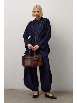 Molene Lacivert Kuşak Detaylı Gömlek