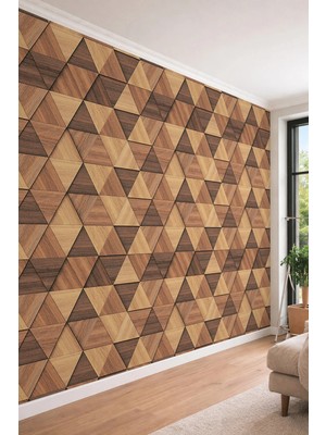 Dreamwall 3D Görünümlü Ahşap Panelli Üçgen Geometrik Desenli Tek Parça Tekstil Duvar Kağıdı