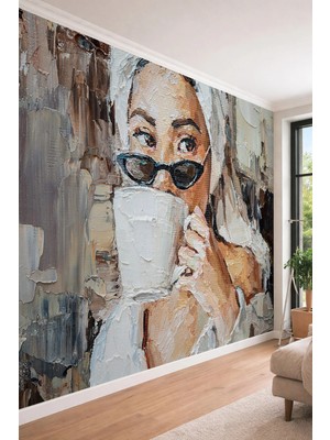 Dreamwall Yağlı Boya Dokulu Kahve Içen Kadın Portresi Modern Sanat Efektli Tekstil Duvar Kağıdı