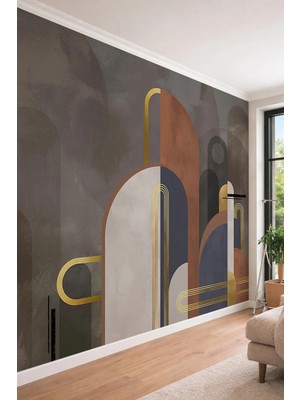 Dreamwall Art Deco Esintili Geometrik Kemerli ve Altın Çizgi Detaylı Tekstil Duvar Kağıdı