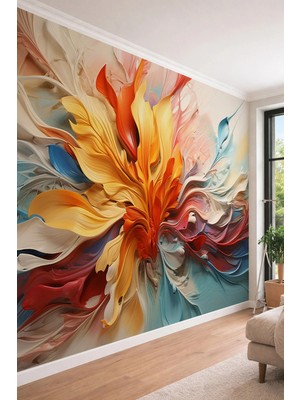 Dreamwall 3D Görünümlü Soyut Akrilik Boya Efektli ve Dinamik Renkli Dalgalı Tekstil Duvar Kağıdı