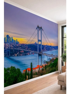 Dreamwall Modern Şehir Silueti ve Işıltılı Asma Köprü Temalı Panoramik Tekstil Duvar Kağıdı