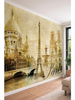 Dreamwall Nostaljik Paris Temalı Eyfel Kulesi ve Notre Dame Tasarımlı Tekstil Duvar Kağıdı