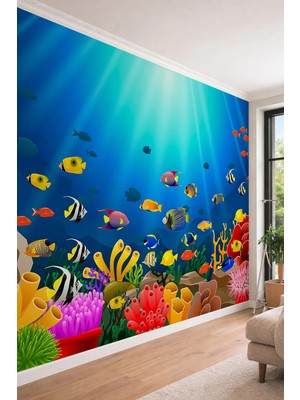 Dreamwall Renkli Balıklar ve Mercan Kayalıkları Temalı 3D Görünümlü Tek Parça Tekstil Duvar Kağıdı