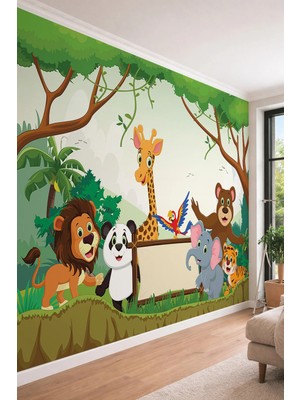 Dreamwall Gülen Orman Hayvanları ve Safari Temalı Çocuk Odası Için Tek Parça Tekstil Duvar Kağıdı