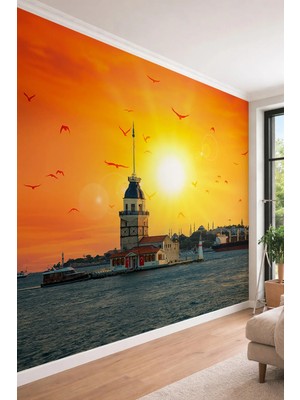 Dreamwall Kız Kulesi ve Tarihi Yarımada Manzaralı Gün Batımı Temalı Tek Parça Tekstil Duvar Kağıdı