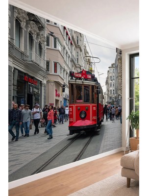 Dreamwall Istanbul Nostaljik Tramvay ve Istiklal Caddesi Tarihi Şehir Manzaralı Tekstil Duvar Kağıdı