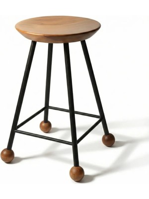 Wood Stone Art Tabure - Ahşap Oturaklı Siyah Metal Ayaklı 55 cm Doğal Masif Köknar Kavisli Ada Mutfak Taburesi